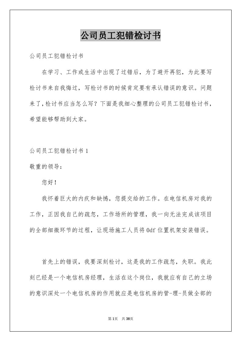 公司员工犯错检讨书汇总