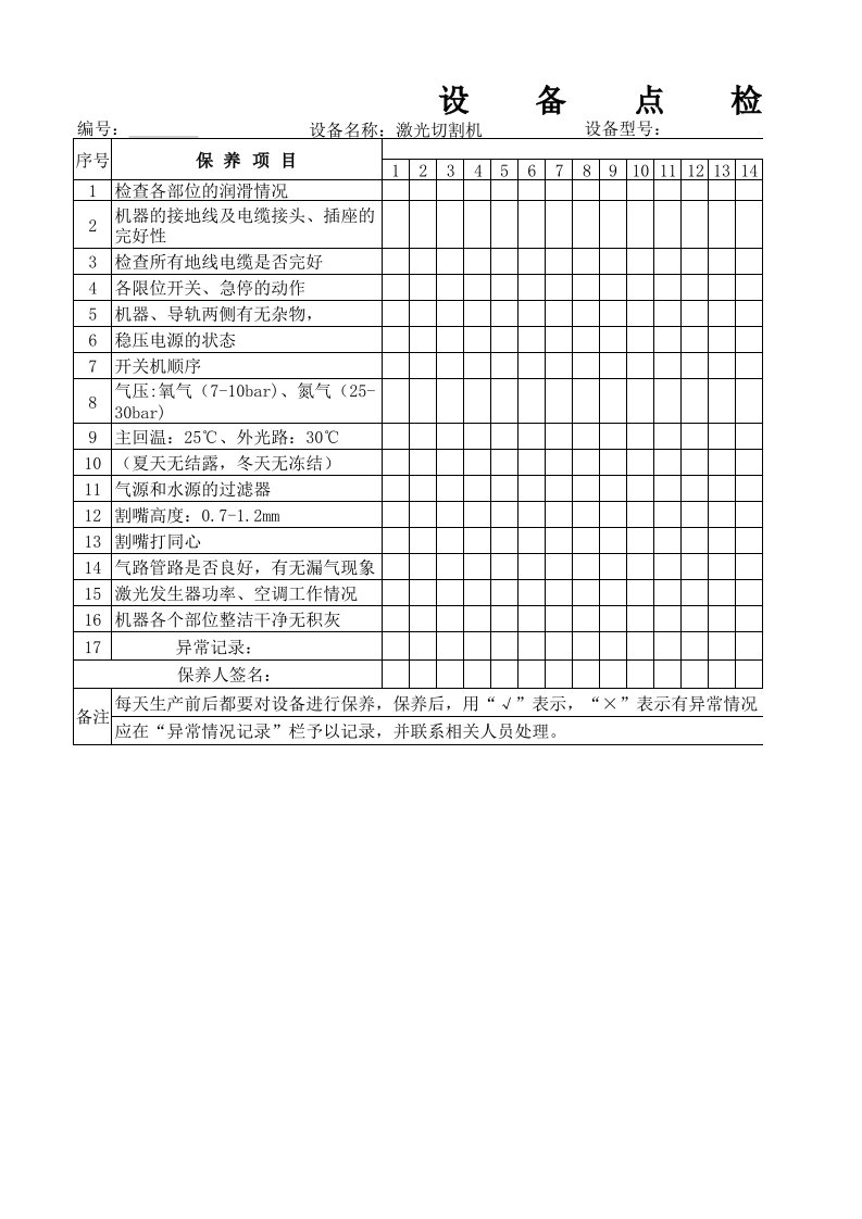 激光切割机点检表