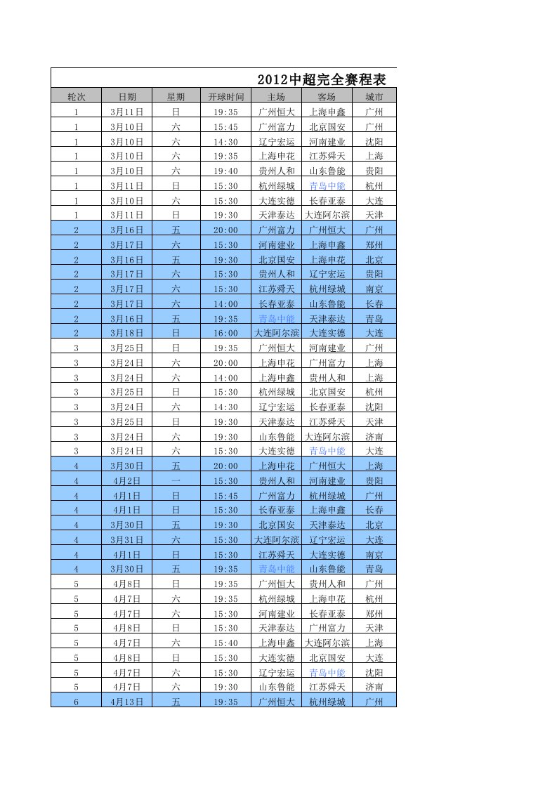 2012中超联赛赛程表