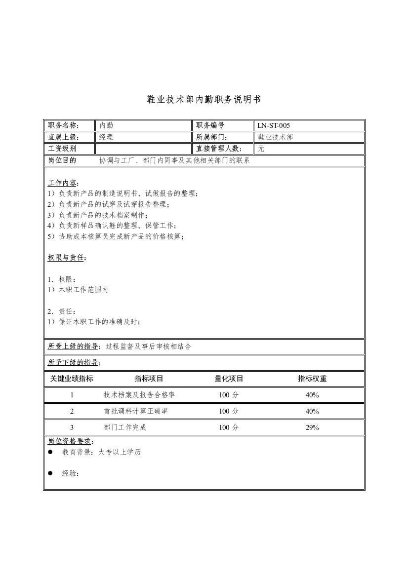 体育用品行业-鞋业技术部-内勤岗位说明书