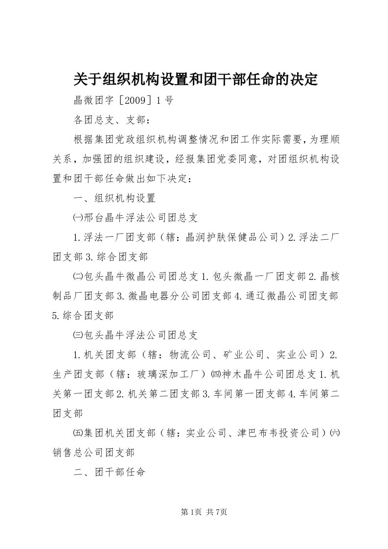 3关于组织机构设置和团干部任命的决定