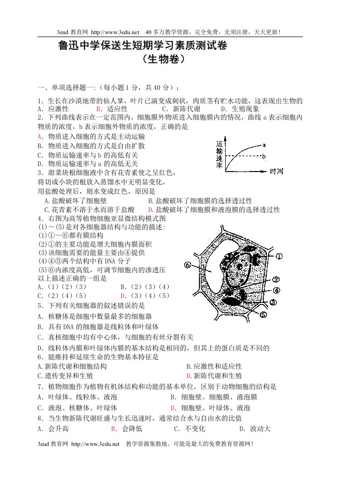 鲁迅中学保送生短期学习素质测试卷