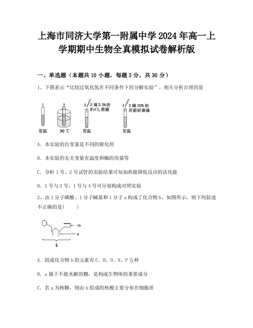 上海市同济大学第一附属中学2024年高一上学期期中生物全真模拟试卷解析版