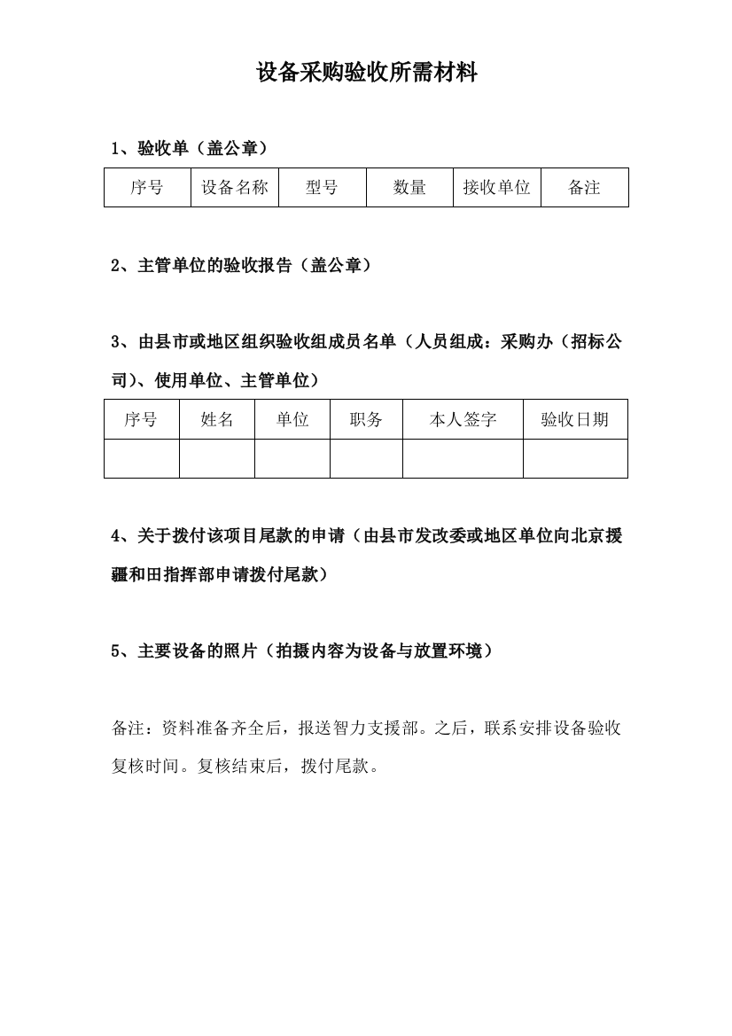 设备验收所需资料和程序