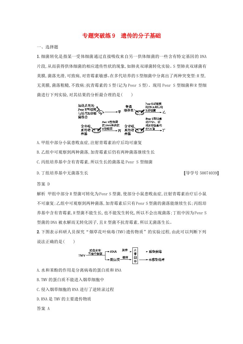 高考生物二轮复习专题突破训练9遗传的分子基础