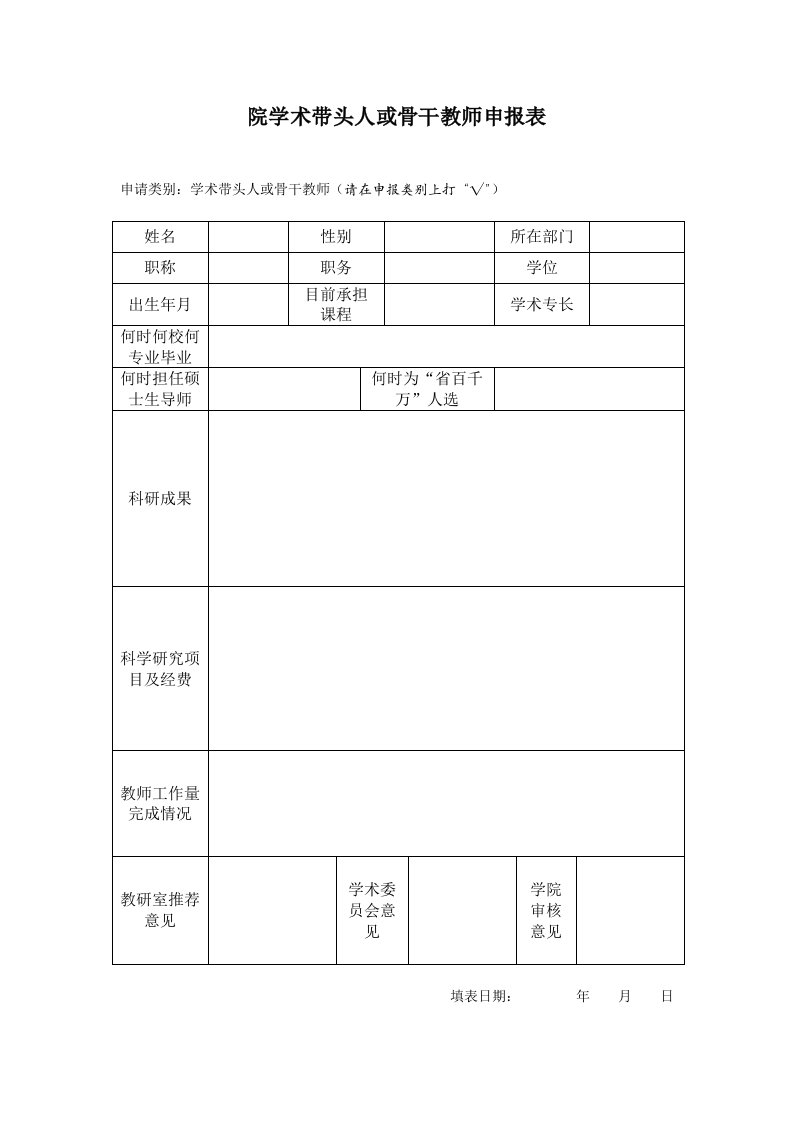 院学术带头人或骨干教师申报表