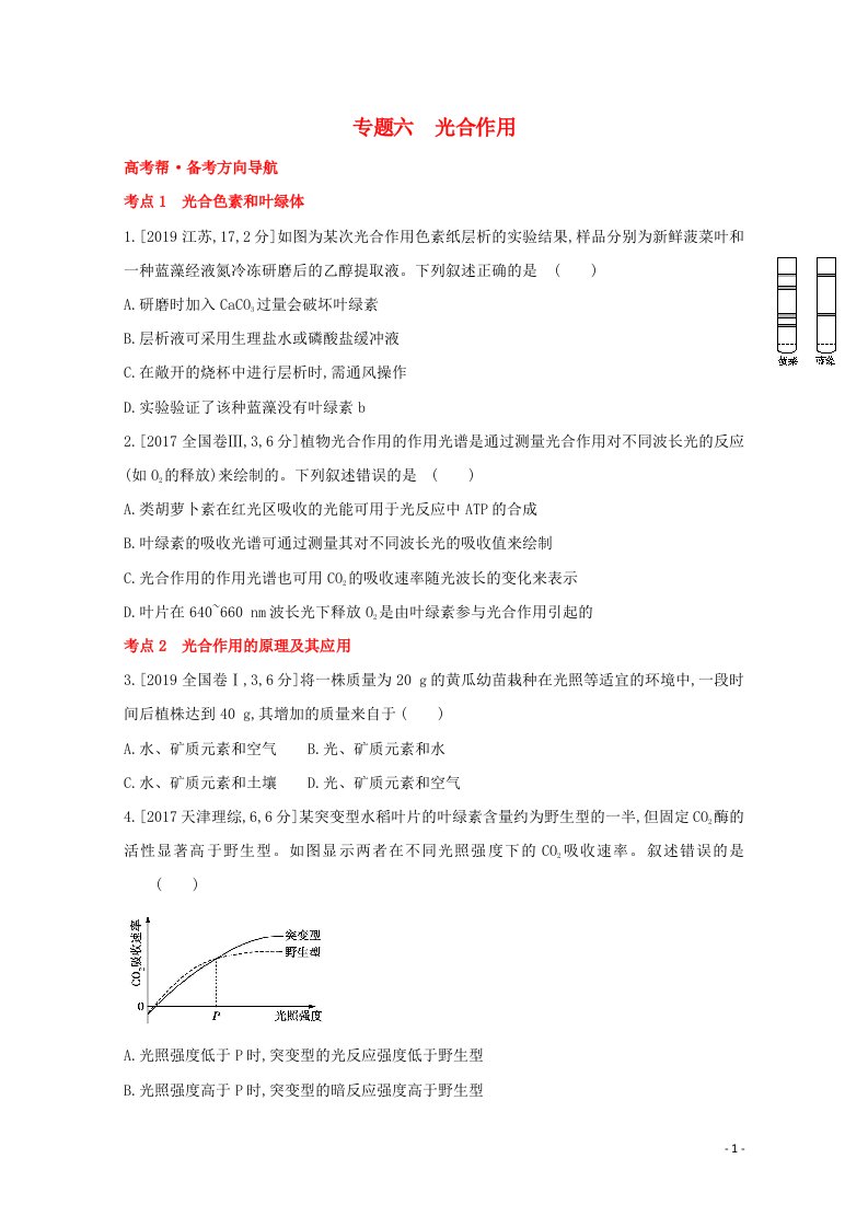 2022版高考生物一轮复习第二单元细胞代谢专题六光合作用1试题含解析