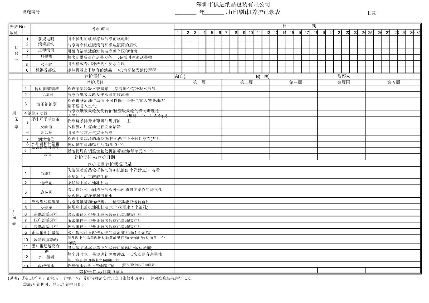 印刷机保养记录表