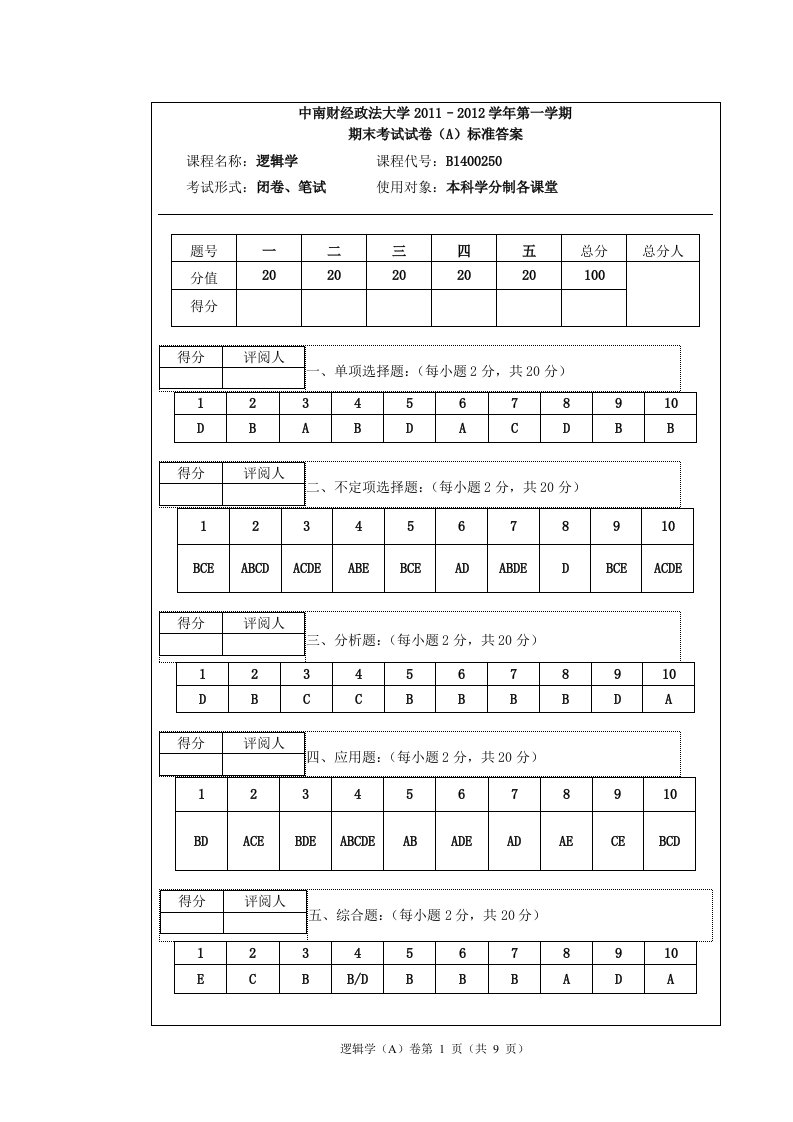 逻辑学期末考试试卷