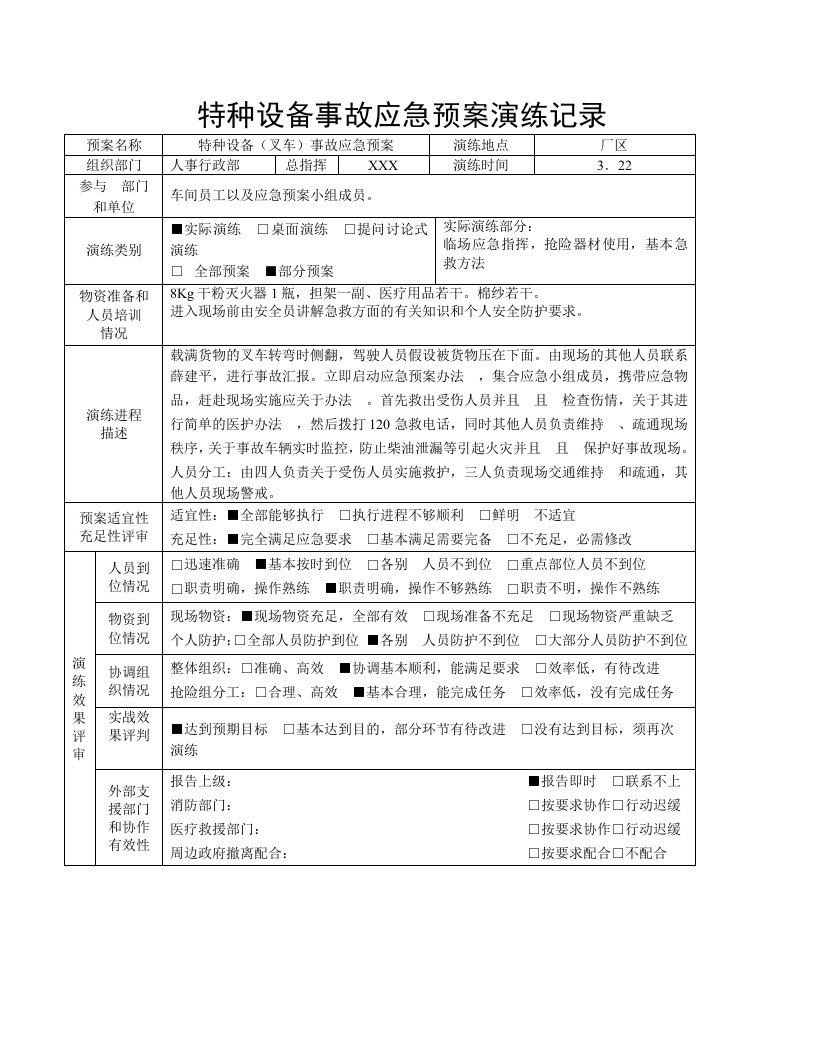 特种设备应急预案演练记录