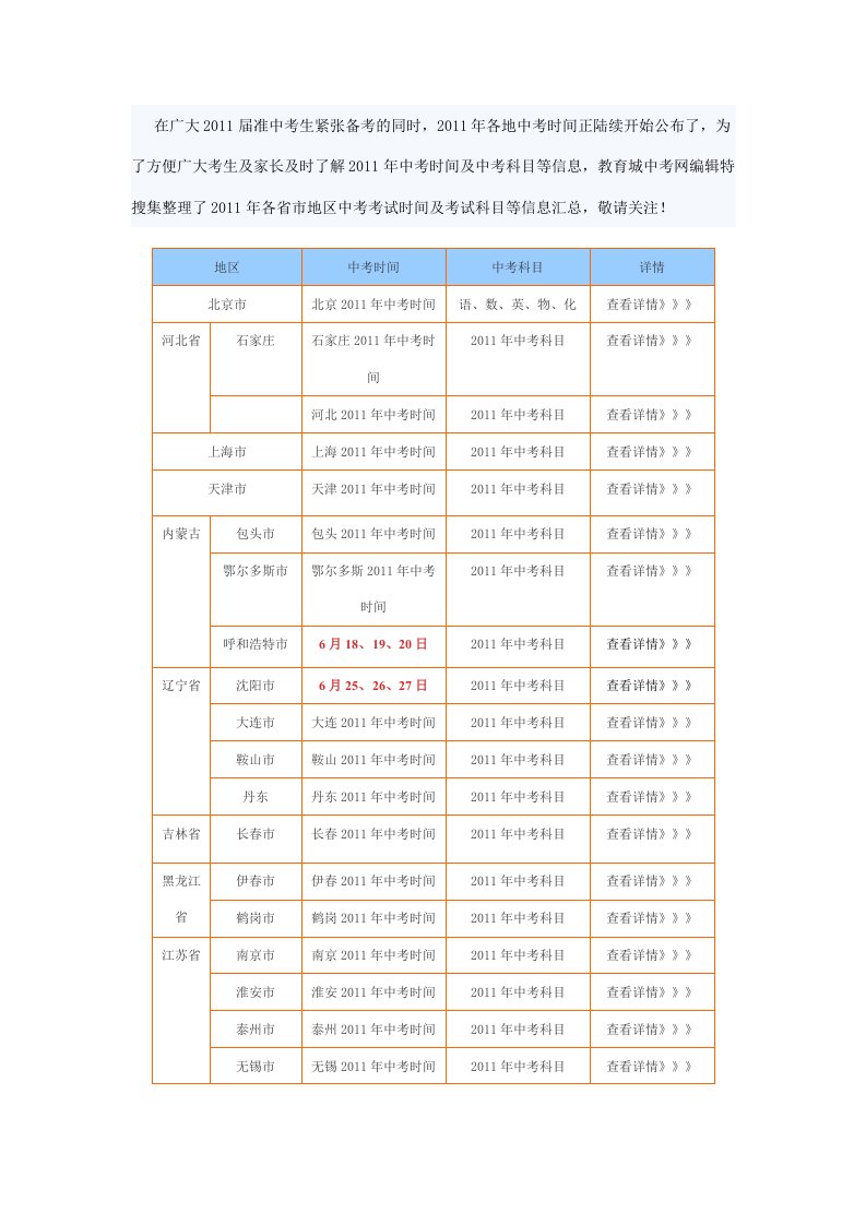 2011年全国各省市中考时间及中考考试科目汇总