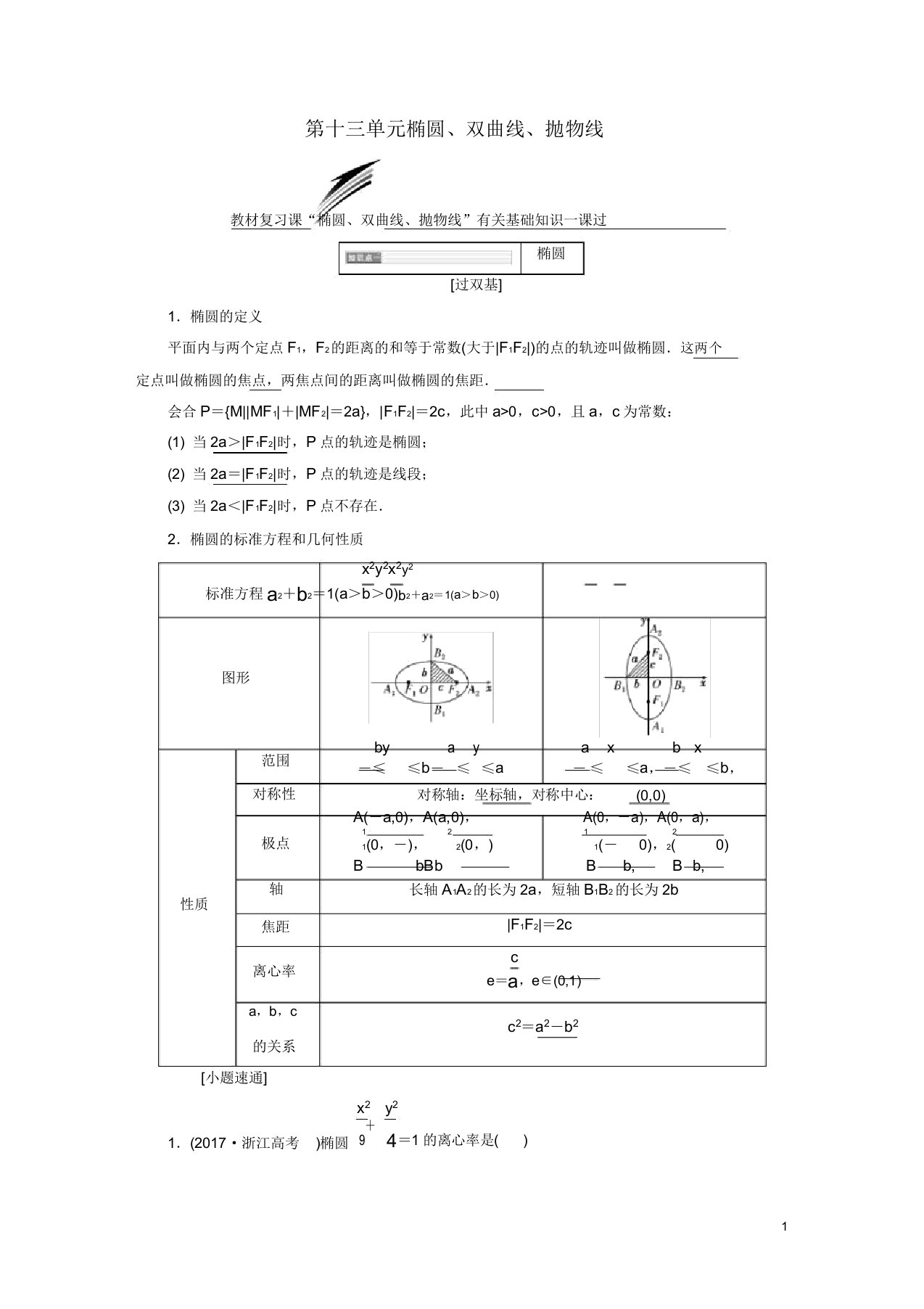 2019版高考数学一轮复习第十三单元椭圆双曲线抛物线学案文