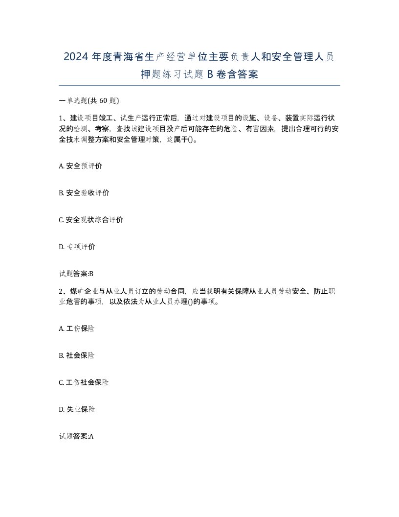 2024年度青海省生产经营单位主要负责人和安全管理人员押题练习试题B卷含答案