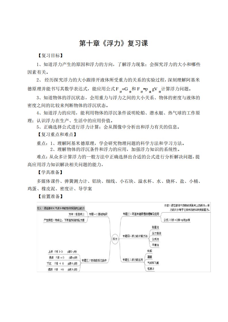 人教版九年级物理第十章浮力复习教案