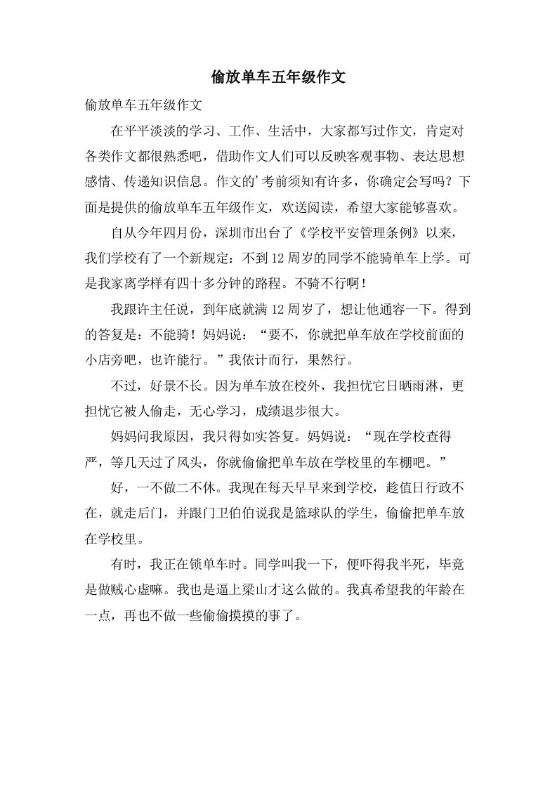 偷放单车五年级作文