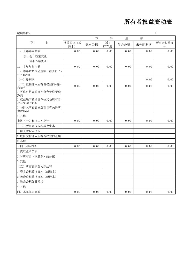 excl财务报表模版-所有者权益变动表