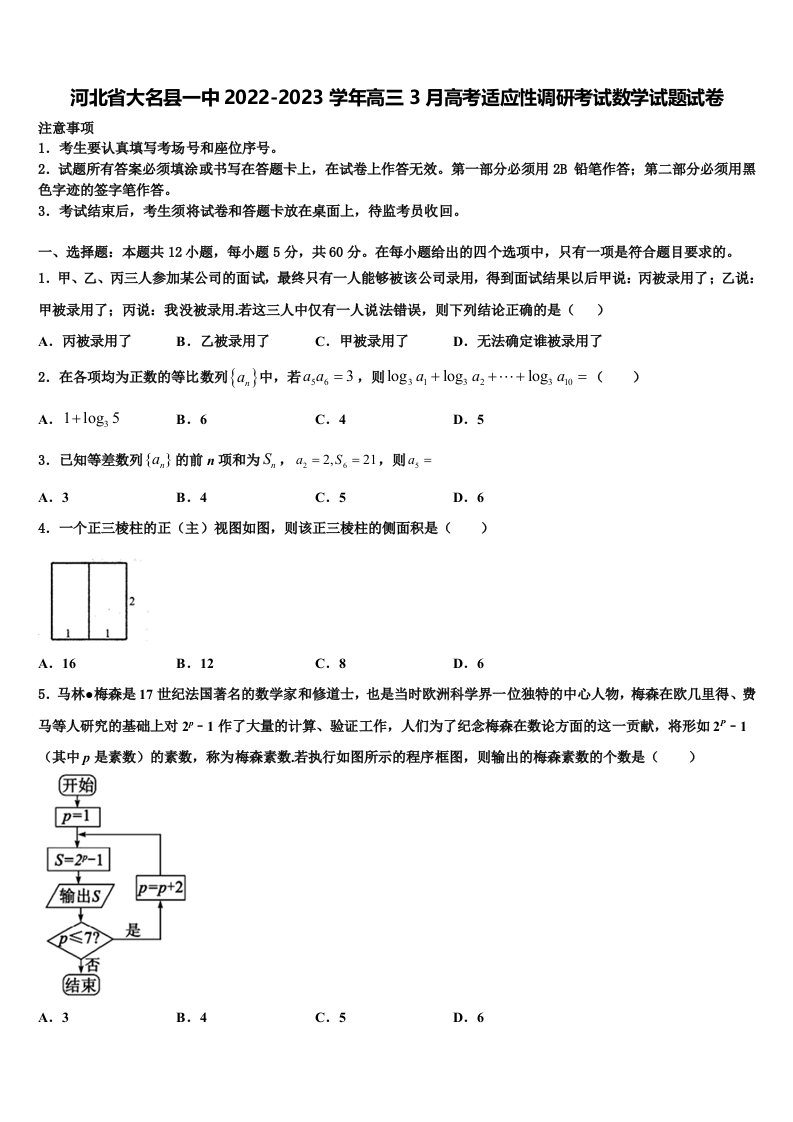 河北省大名县一中2022-2023学年高三3月高考适应性调研考试数学试题试卷