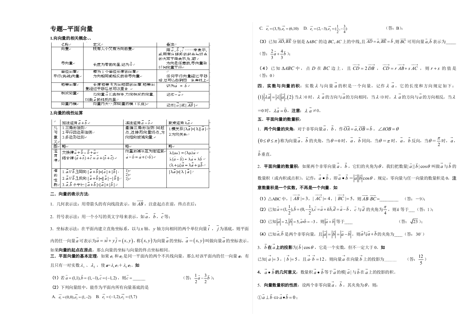 向量知识点题型归纳