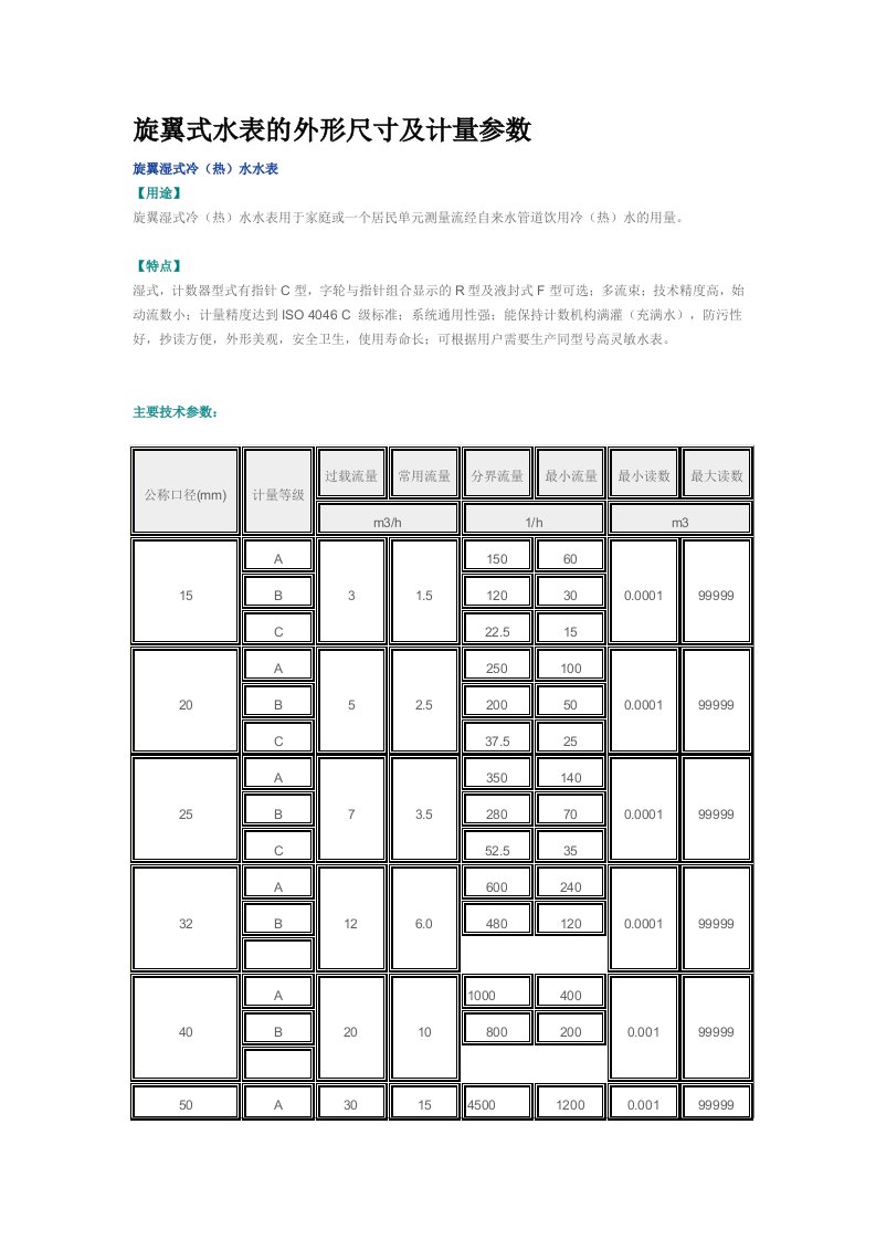 旋翼式水表的外形尺寸及计量参数