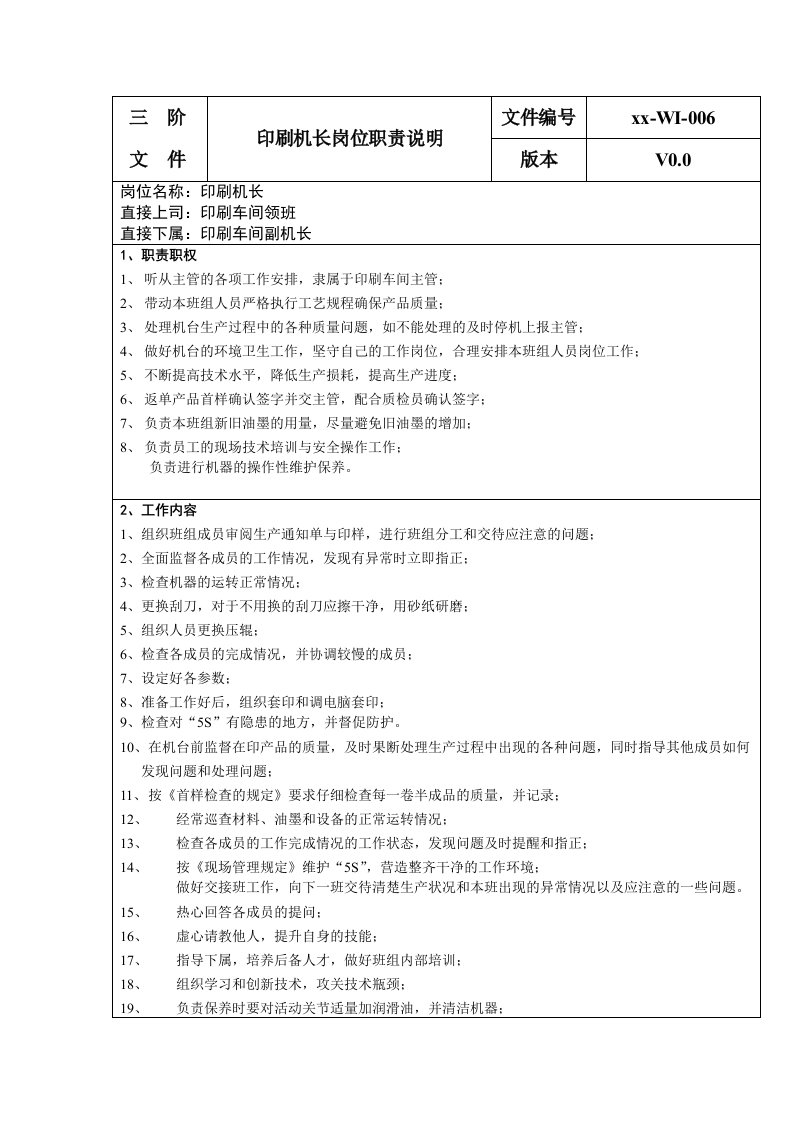 (食品包材QS管理文件)印刷机长岗位职责