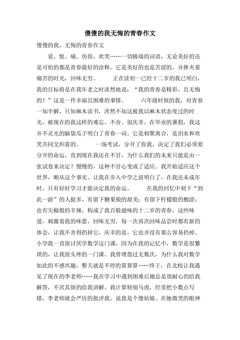 傻傻的我无悔的青春作文