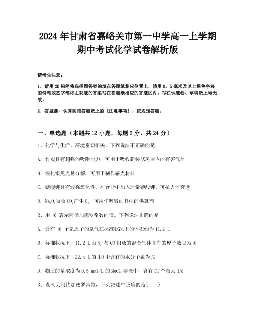 2024年甘肃省嘉峪关市第一中学高一上学期期中考试化学试卷解析版