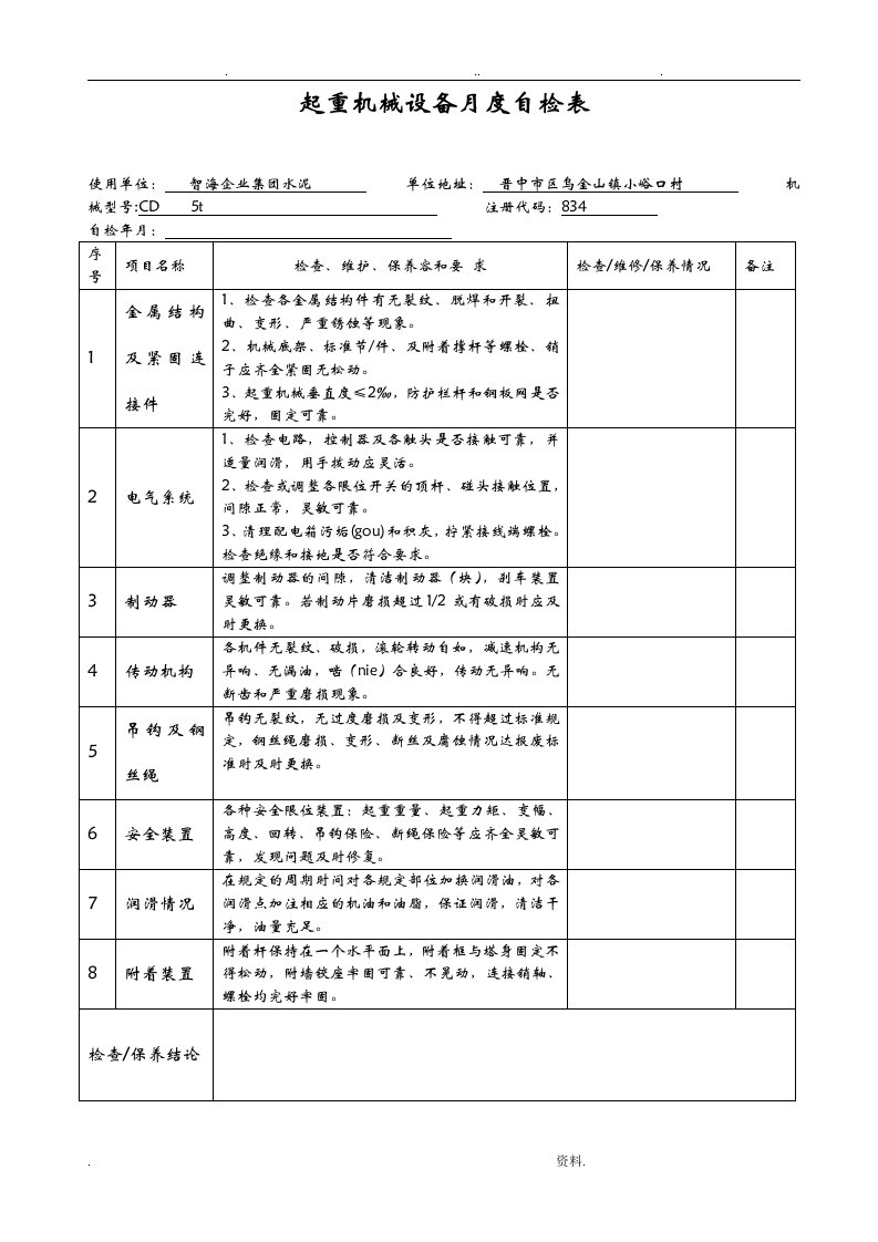 起重机械设备自检报告