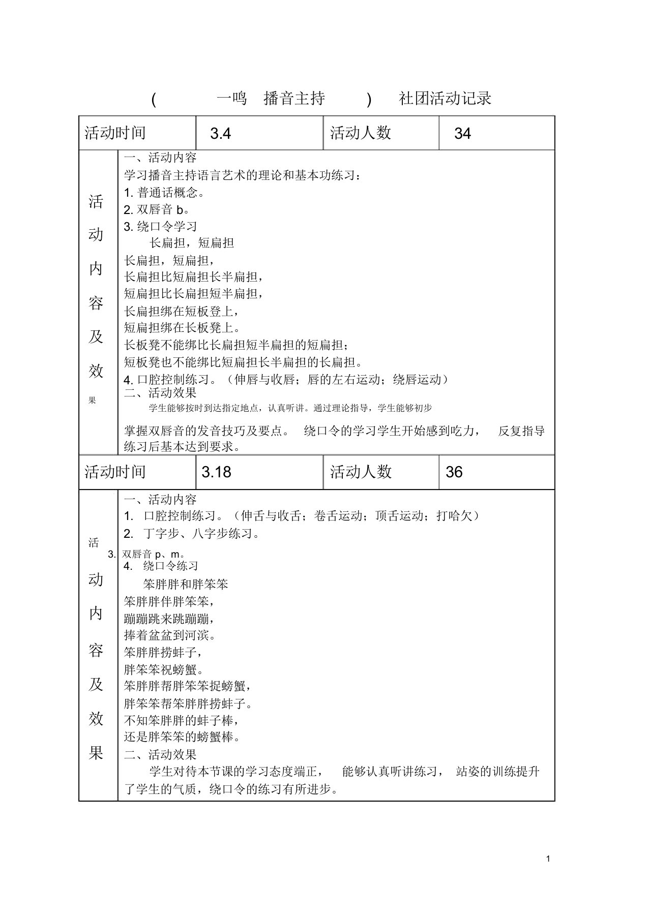 一年部(3月份)播音主持社团活动记录(推荐文档)