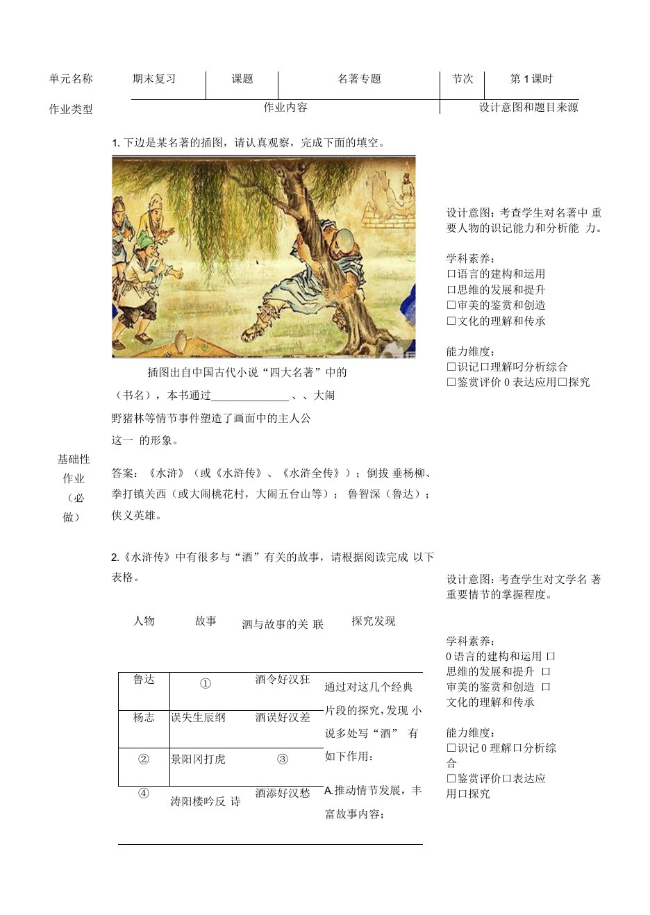 2022-2023学年部编版语文九年级上册期末专题复习-名著专题作业设计（word版有答案）