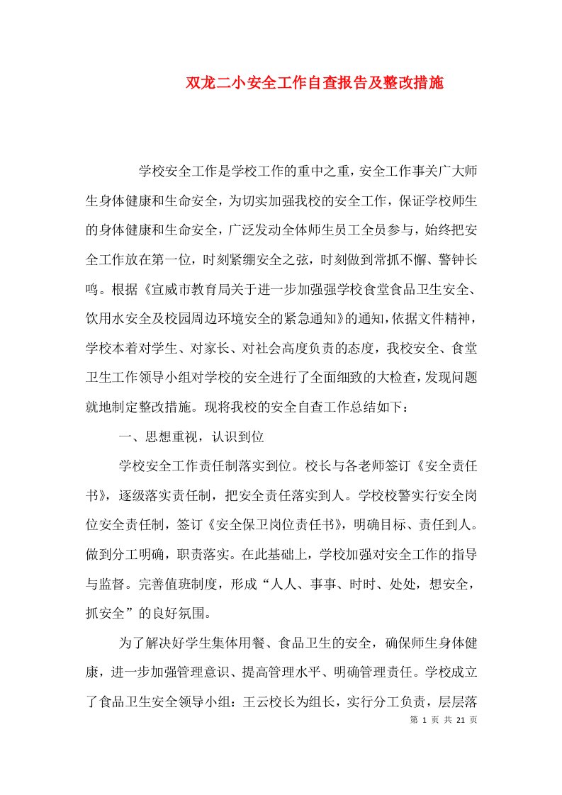 双龙二小安全工作自查报告及整改措施