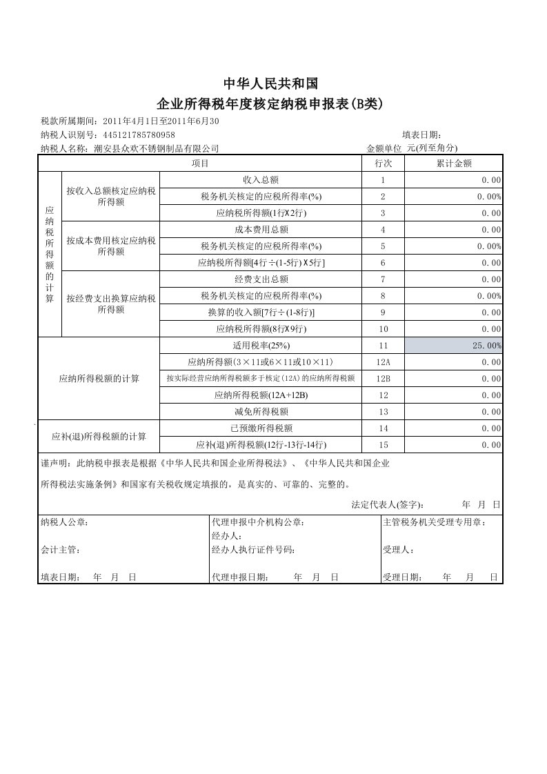 企业所得税年度纳税申报表B类核定