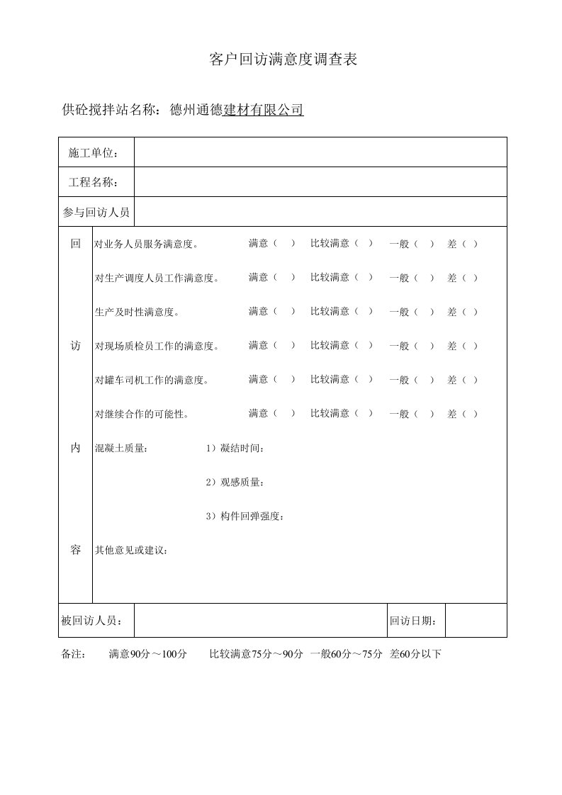 客户回访满意度调查表