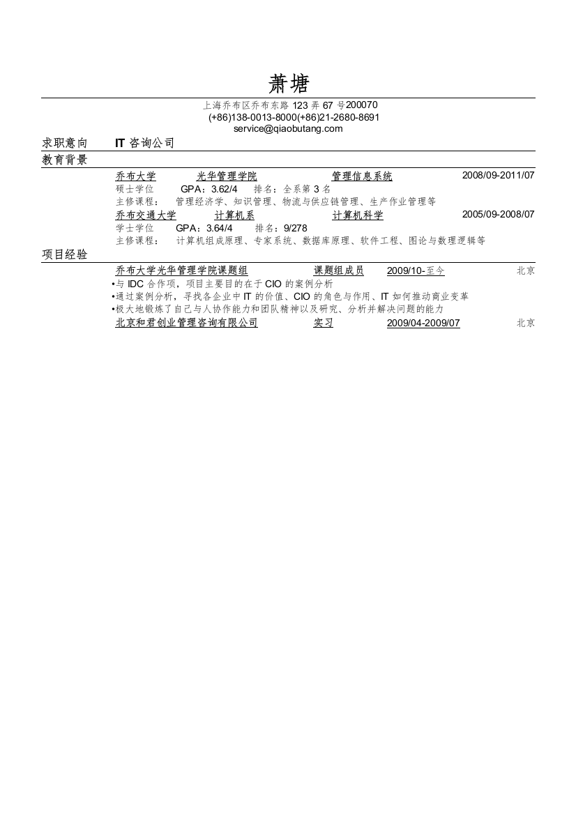 应聘IT咨询公司的简历模板