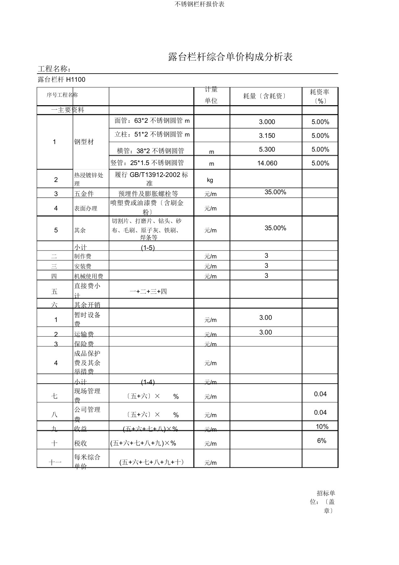 不锈钢栏杆报价表