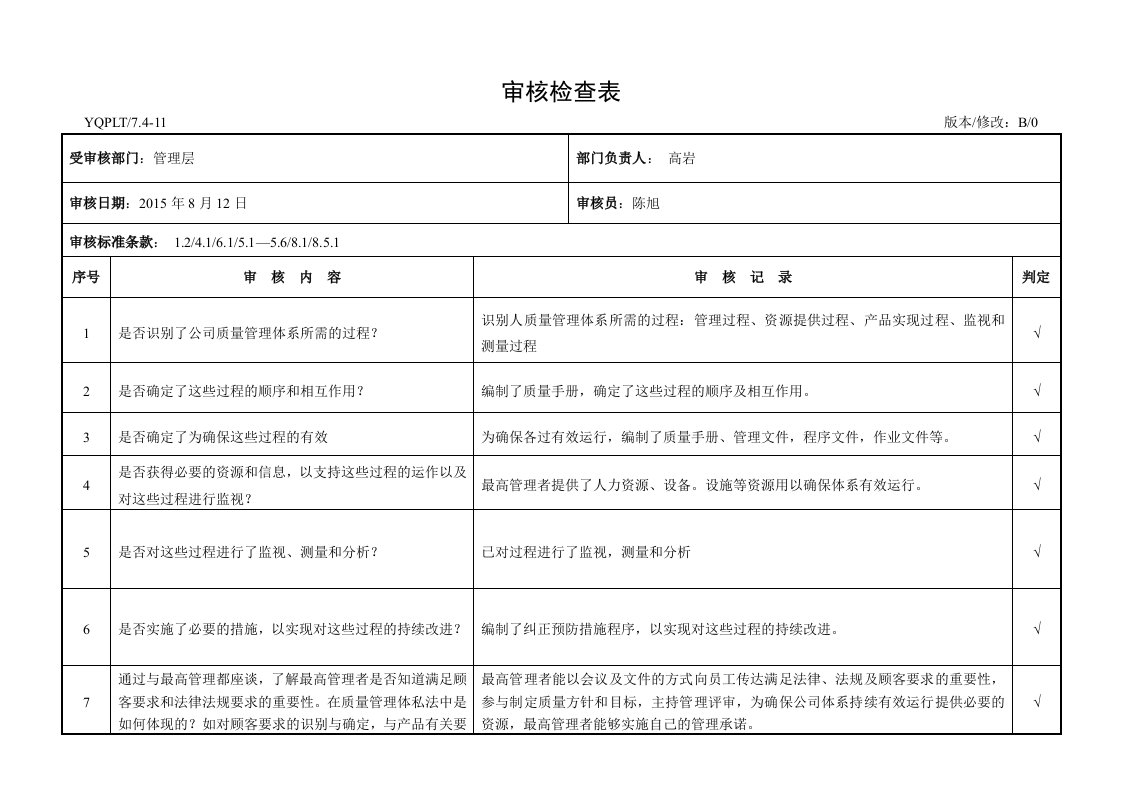 二方体系审核检查表格-管理层