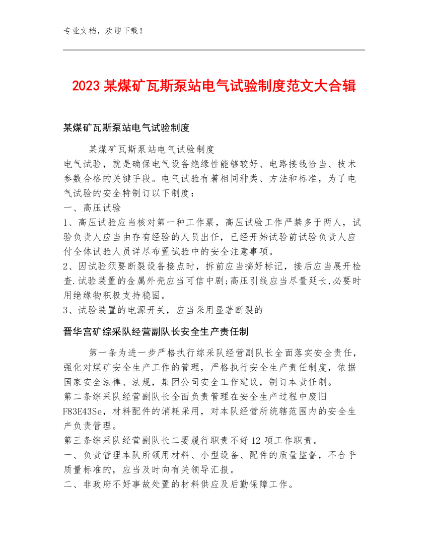 2023某煤矿瓦斯泵站电气试验制度范文大合辑