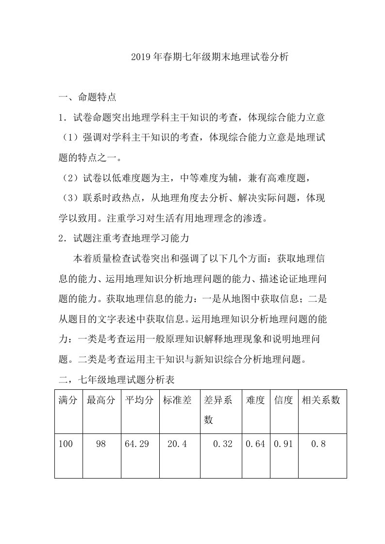 2019年春期七年级期末地理试卷分析