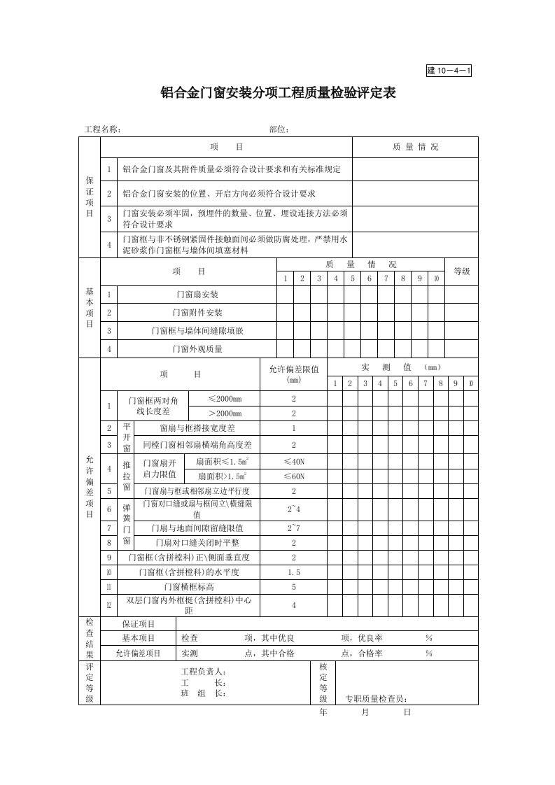 建筑工程-建1041铝合金门窗安装分项工程质量检验评定表