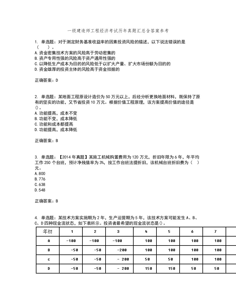 一级建造师工程经济考试历年真题汇总含答案参考96