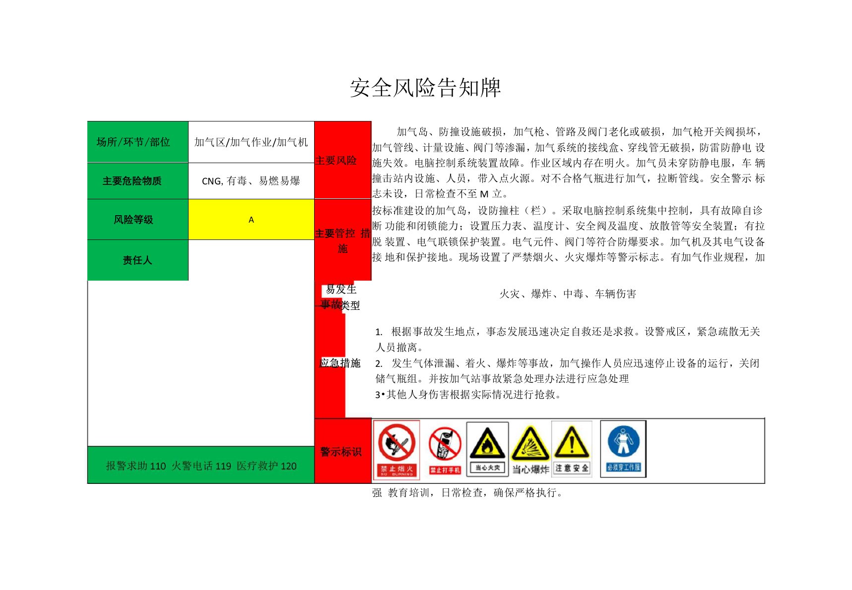 加气站风险点分级管控告知牌