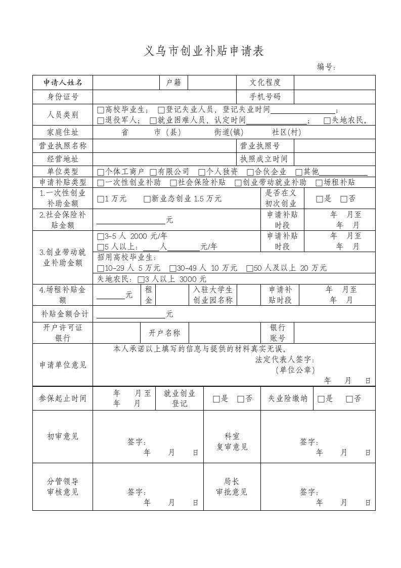 创业补贴申请表