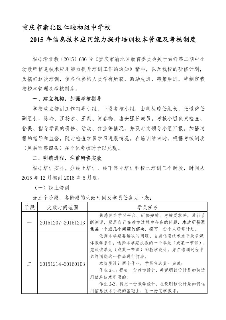 重庆市渝北区仁睦初级中学校2015年信息技术应用能力提升培训校本管理及考核制度