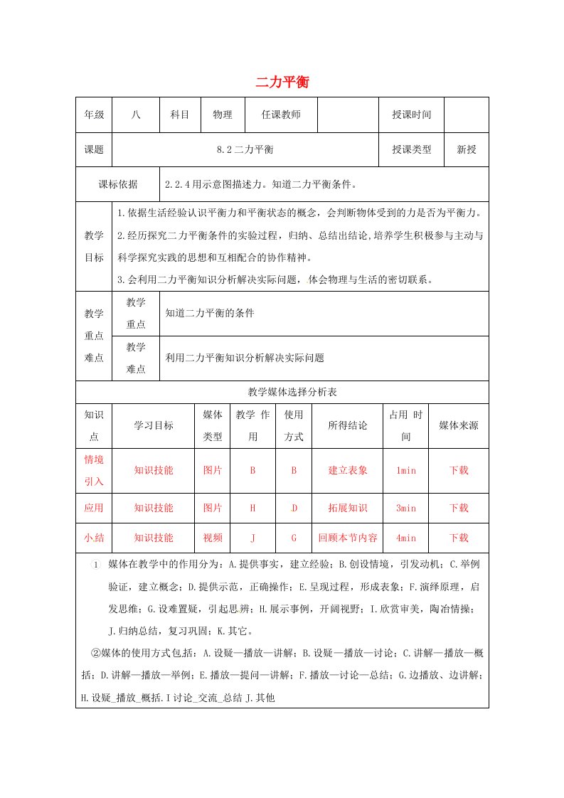 陕西石泉八年级物理下册8.2二力平衡教学设计新人教版