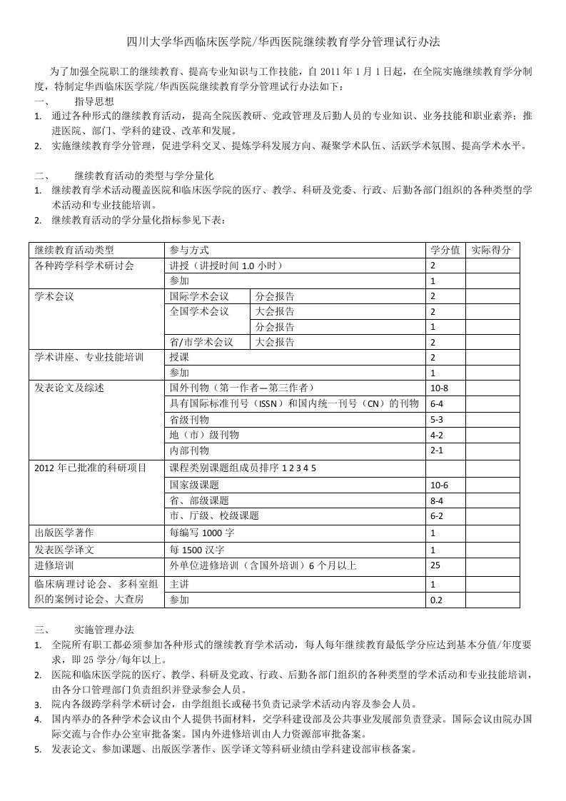 四川大学华西临床医院-华西医院继续教育学分管理试行办法