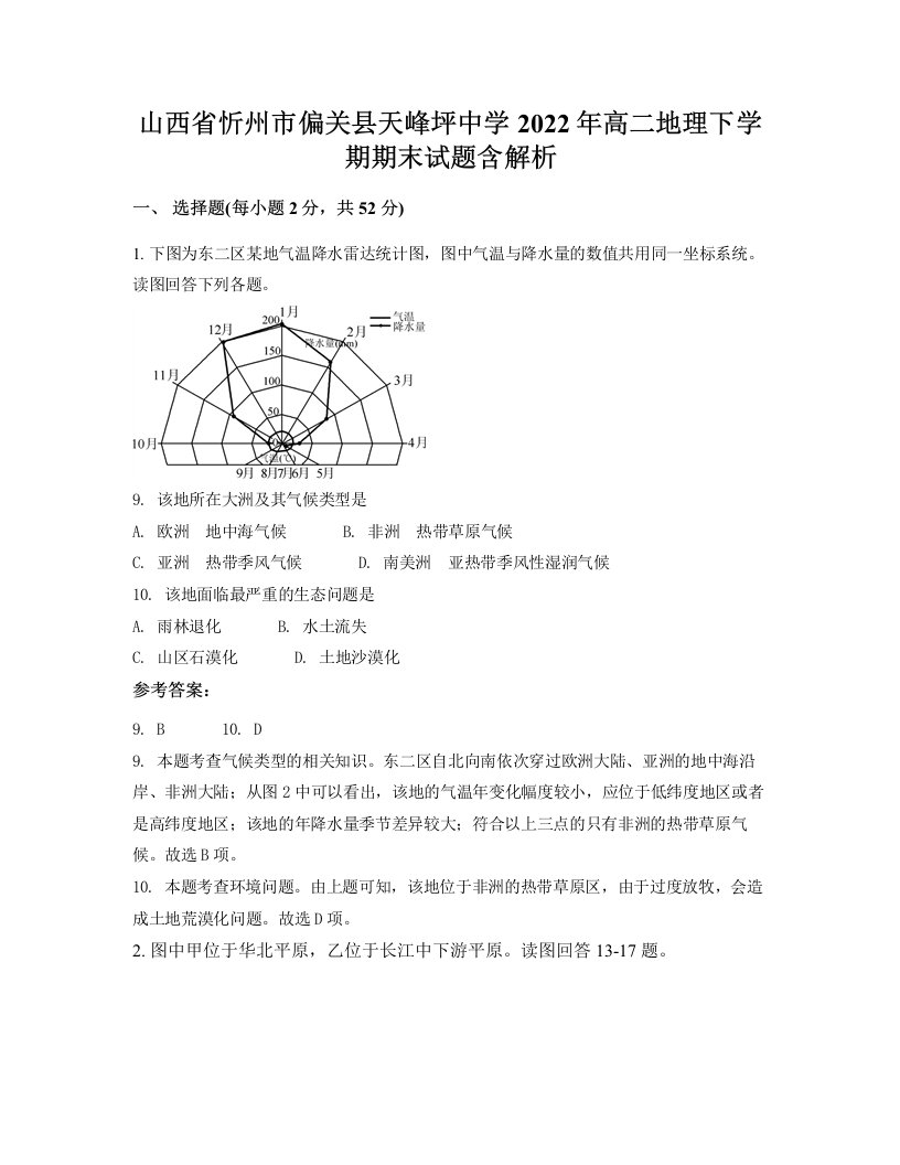 山西省忻州市偏关县天峰坪中学2022年高二地理下学期期末试题含解析