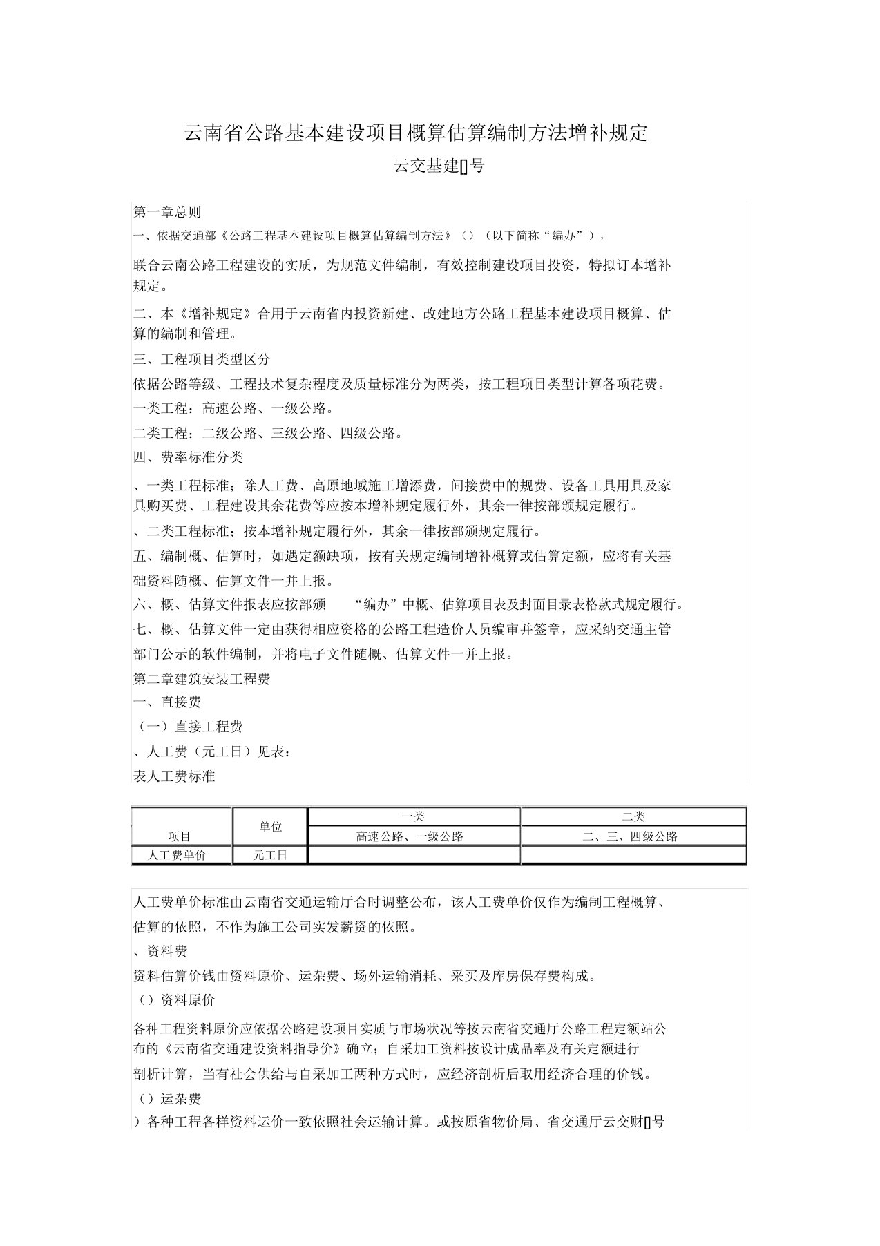 云南省公路基本建设项目概算预算编制办法补充规定