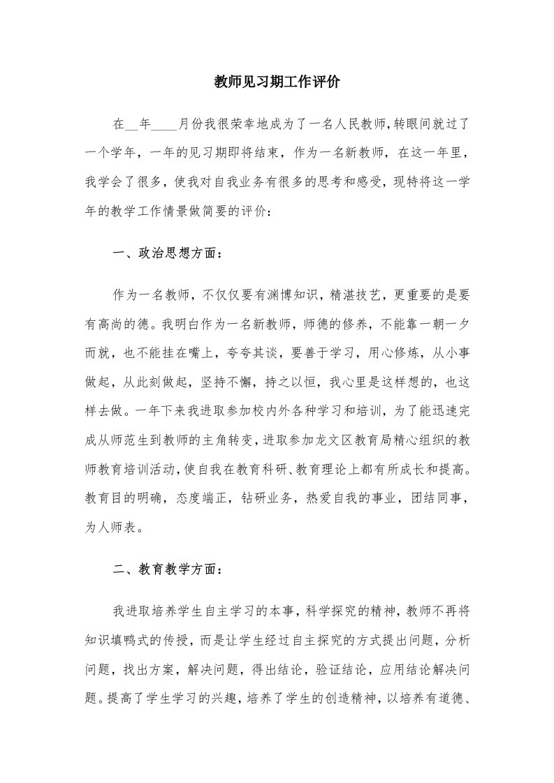 教师见习期工作评价