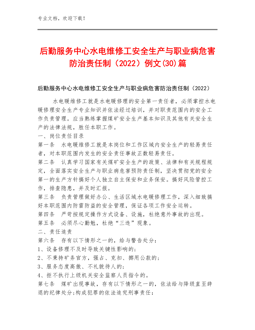 后勤服务中心水电维修工安全生产与职业病危害防治责任制（2022）例文(30)篇