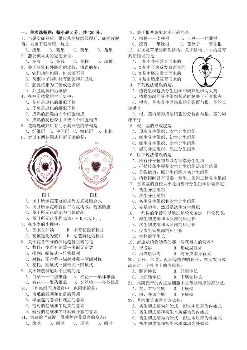 植物形态解剖学题目