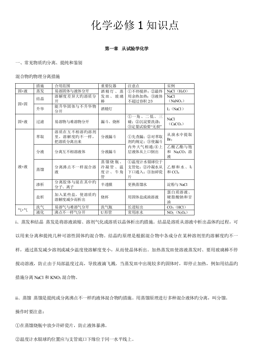 2023年人教版高一化学必修一知识点超全总结